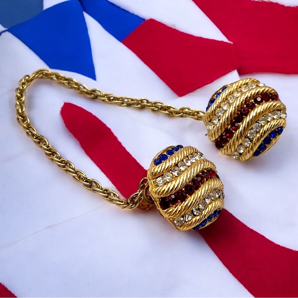 Vintage Patriotic Cardigan Sweater Clips Red White Blue Rhinestones